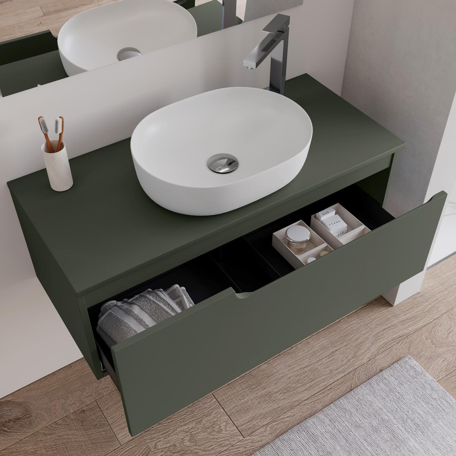Mobile bagno sospeso 100 cm con top verde cemento e specchio - Agave