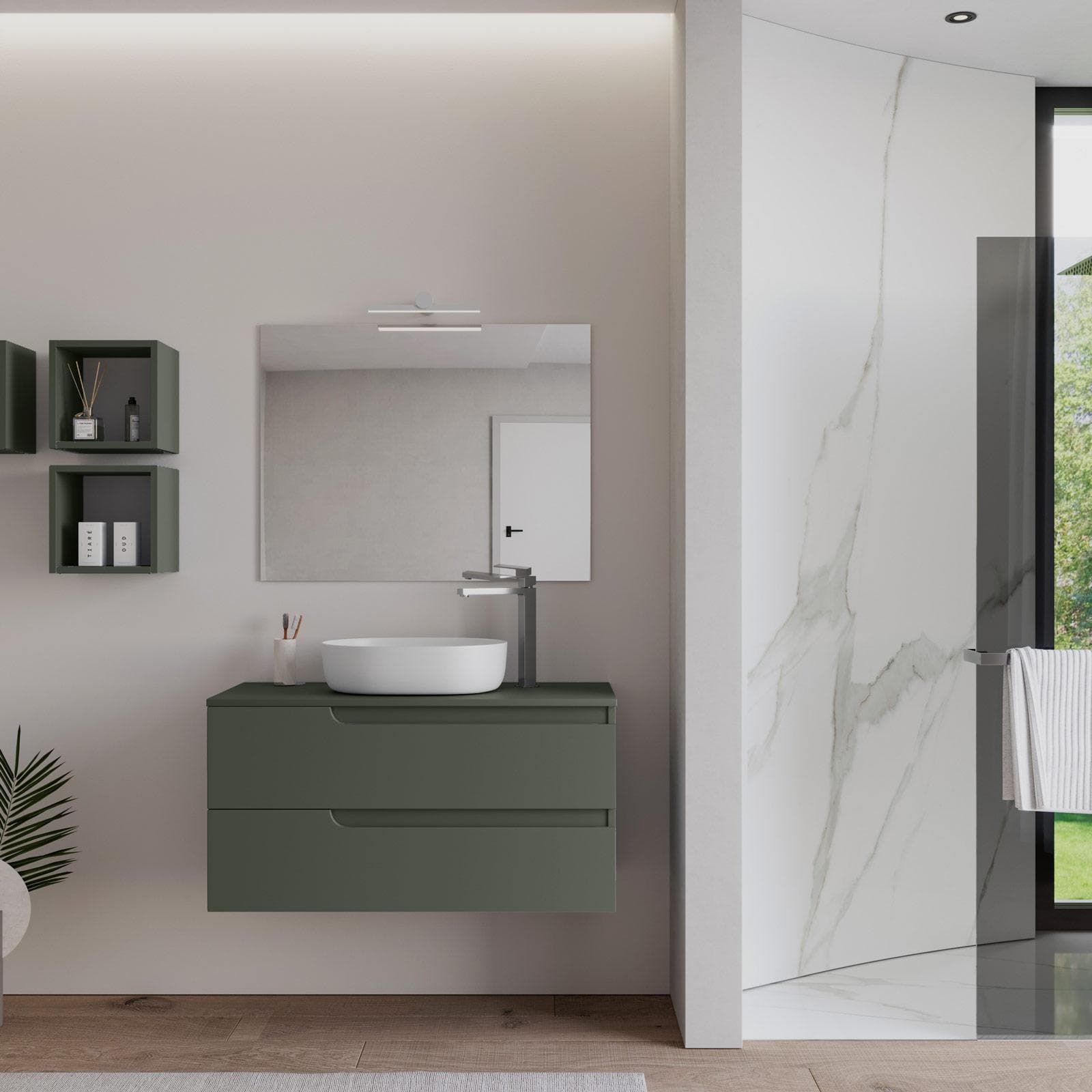 Mobile bagno sospeso 100 cm con top verde cemento e specchio - Agave Plus