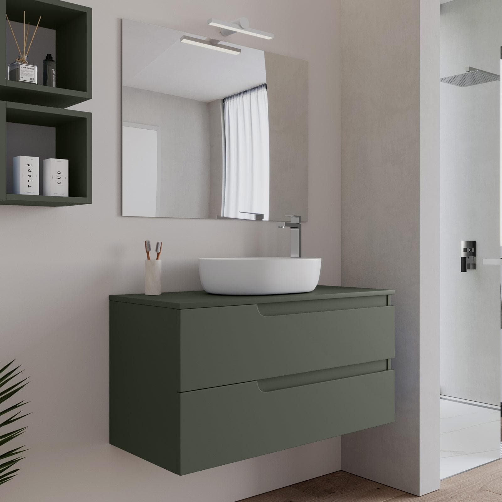 Mobile bagno sospeso 100 cm con top verde cemento e specchio - Agave Plus