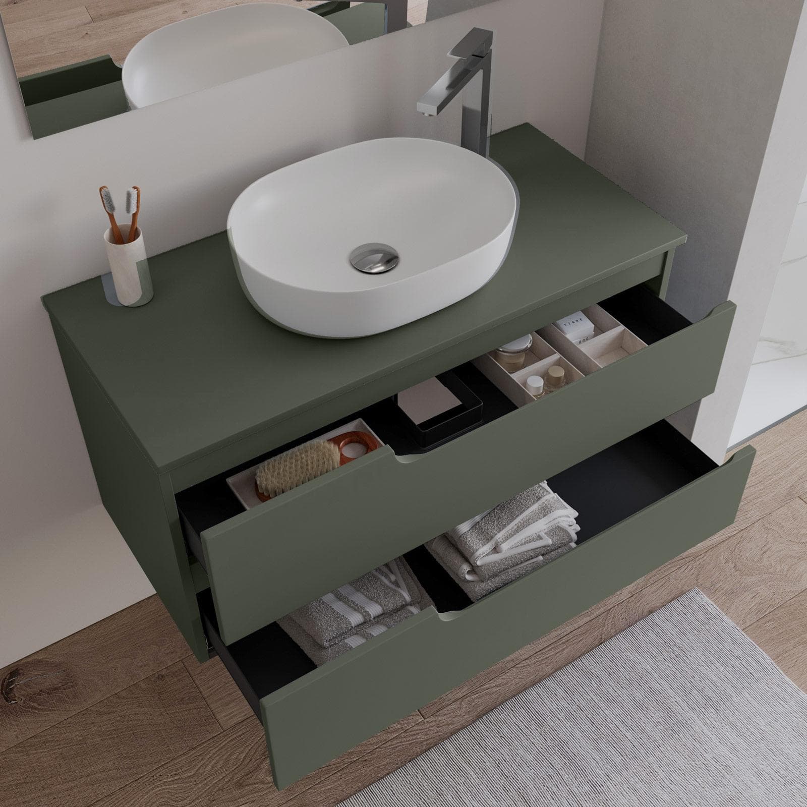 Mobile bagno sospeso 100 cm con top verde cemento e specchio - Agave Plus