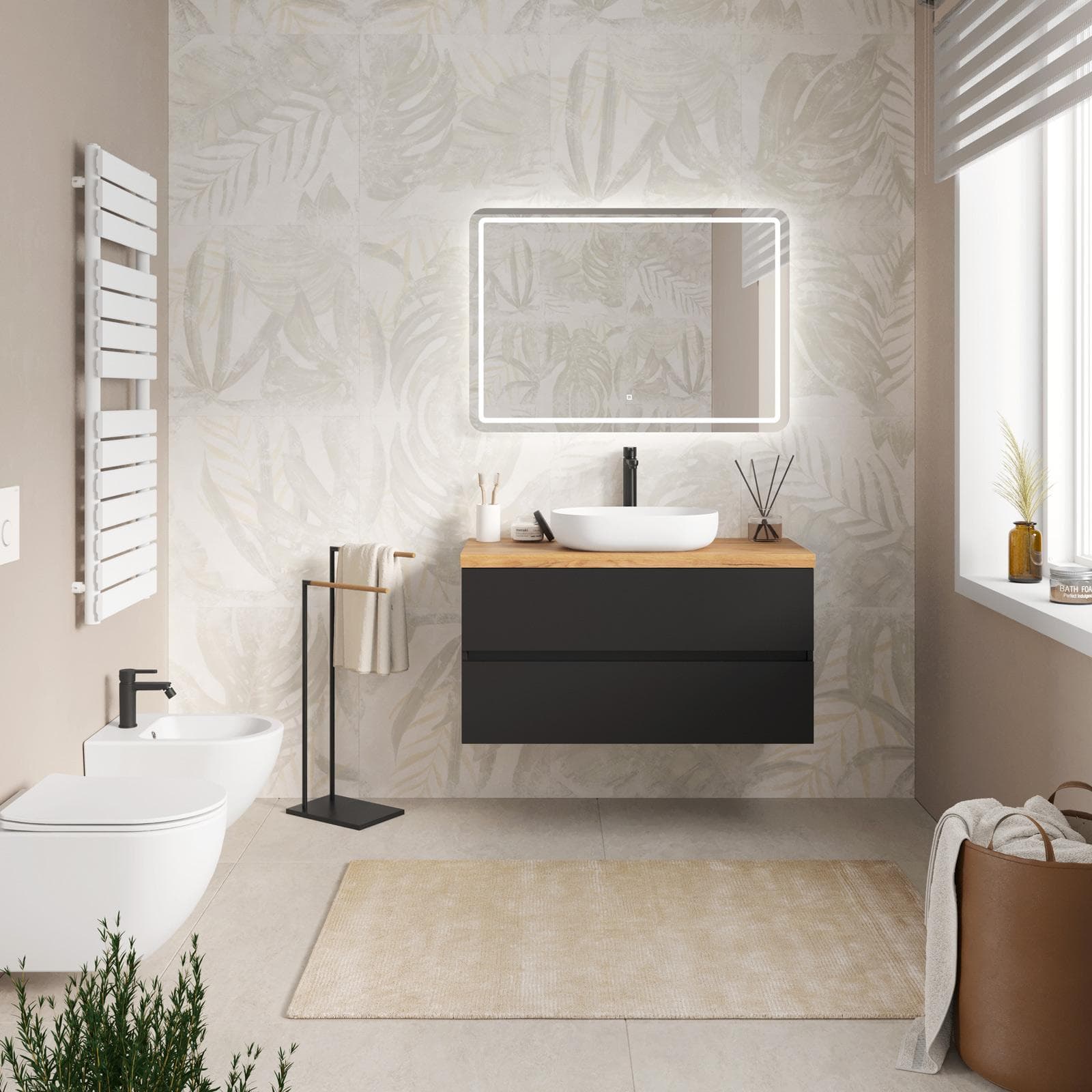 Mobile bagno sospeso 100 cm nero opaco con top rovere gold e specchio - Cuki