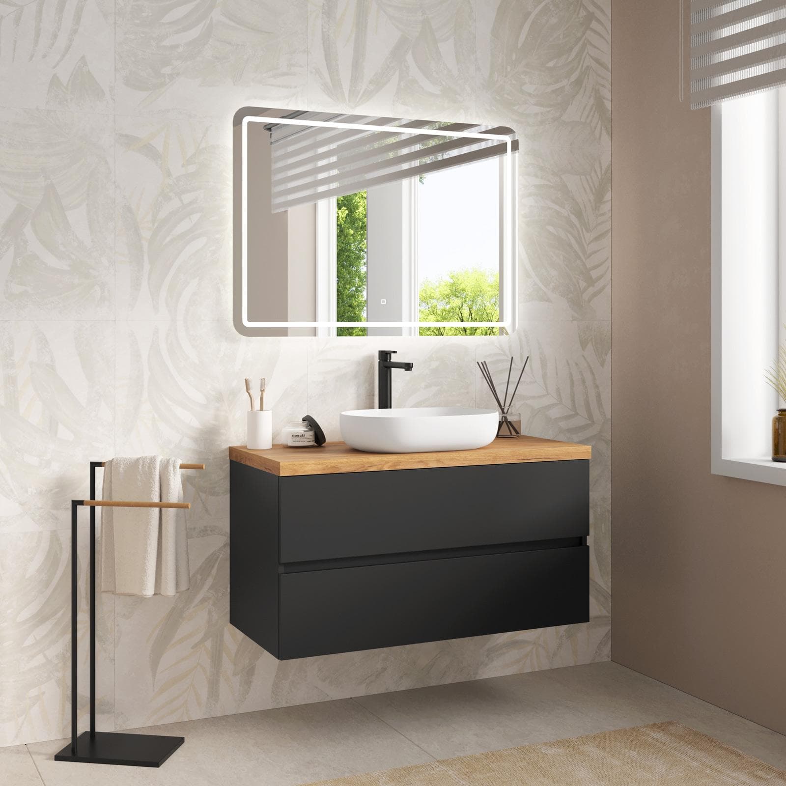 Mobile bagno sospeso 100 cm nero opaco con top rovere gold e specchio - Cuki