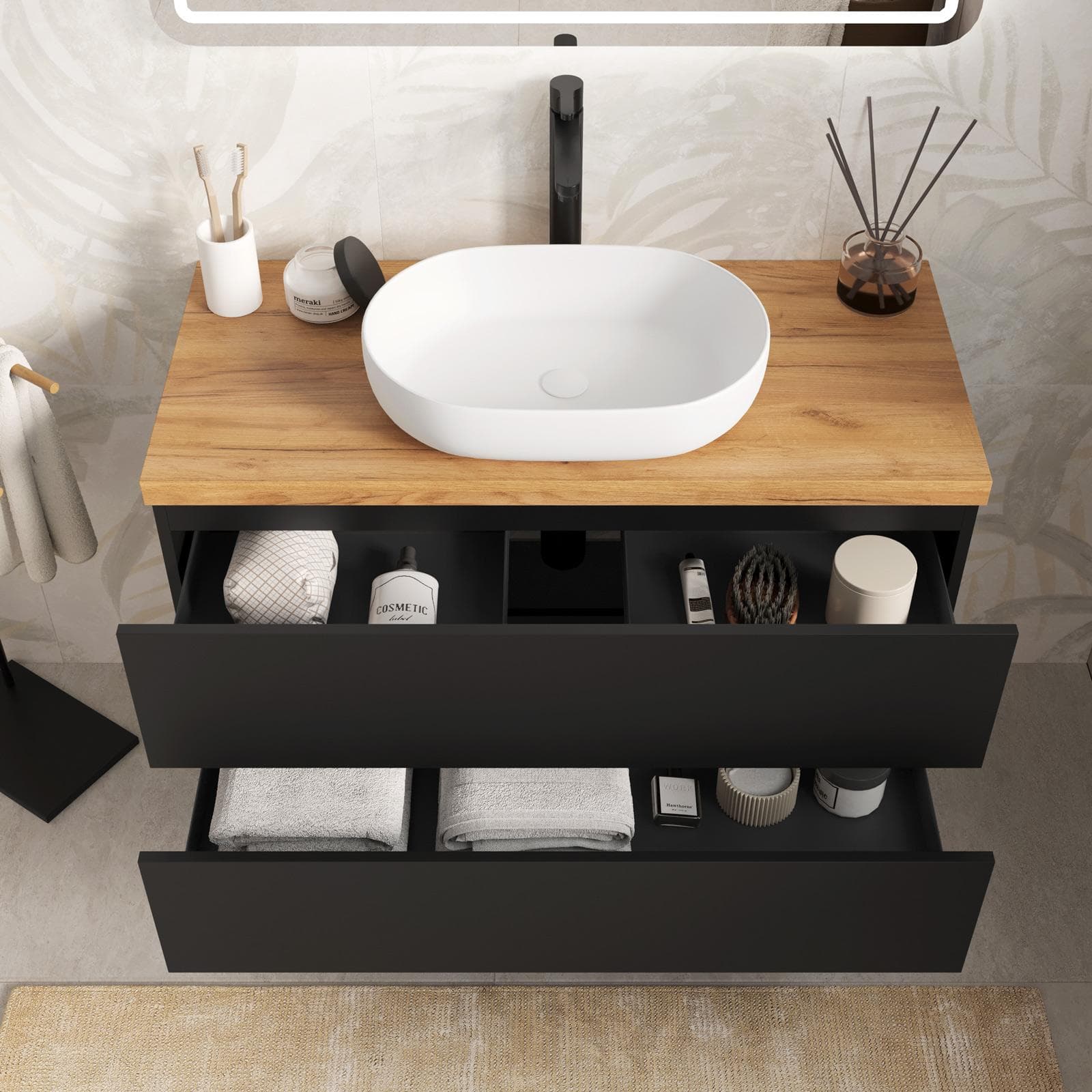 Mobile bagno sospeso 100 cm nero opaco con top rovere gold e specchio - Cuki