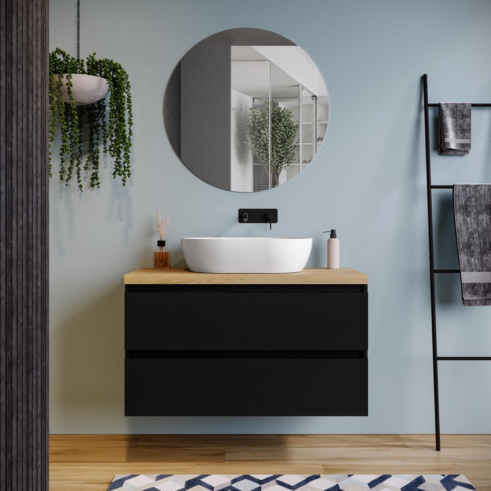 Mobile bagno sospeso 100 cm nero satinato con top rovere gold e specchio - Anami