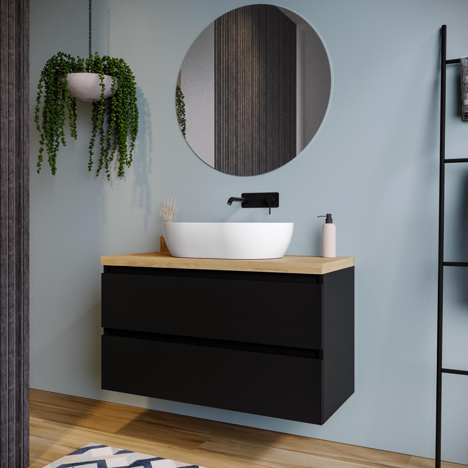 Mobile bagno sospeso 100 cm nero satinato con top rovere gold e specchio - Anami
