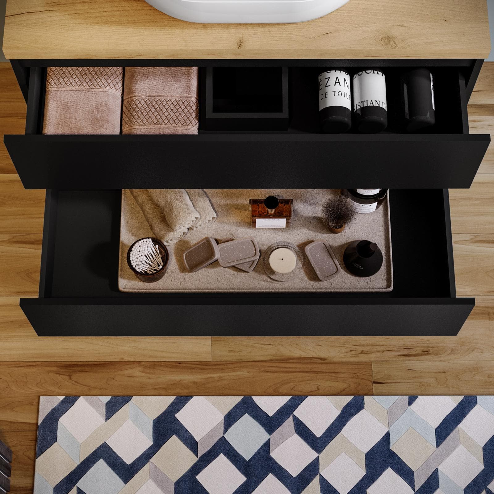 Mobile bagno sospeso 100 cm nero satinato con top rovere gold e specchio - Anami