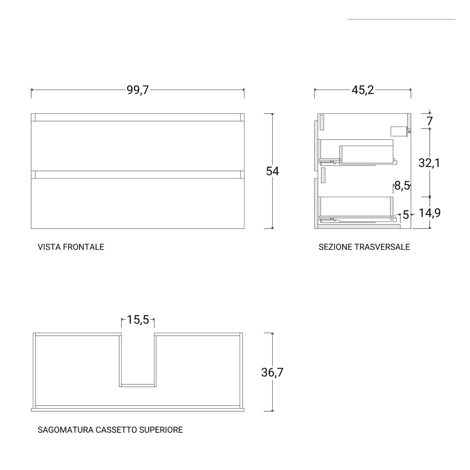 Mobile bagno sospeso 100 cm nero satinato con top rovere gold e specchio - Anami