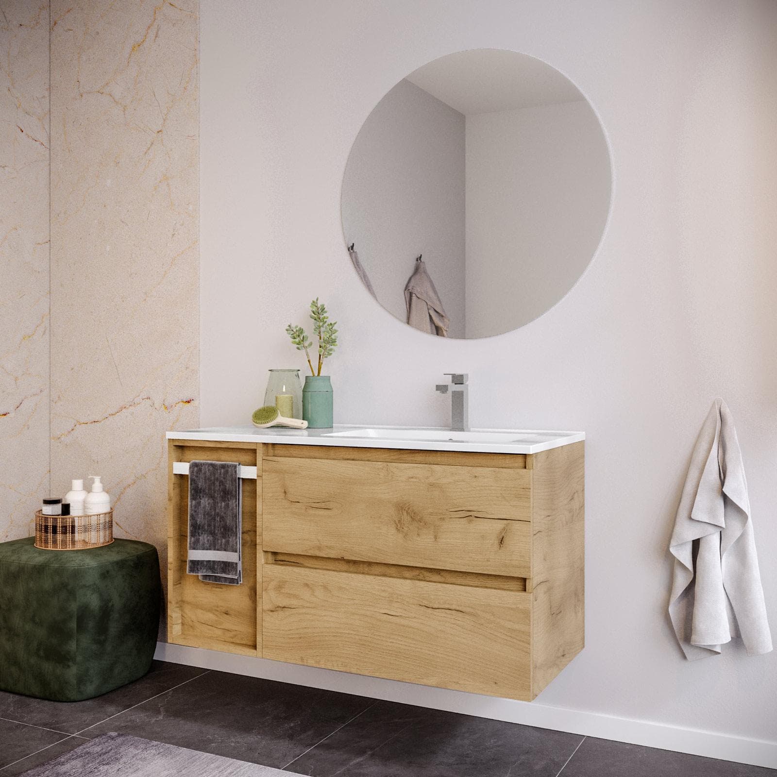 Mobile bagno sospeso 100 cm rovere africa con toletta e lavabo dx con specchio - Anami