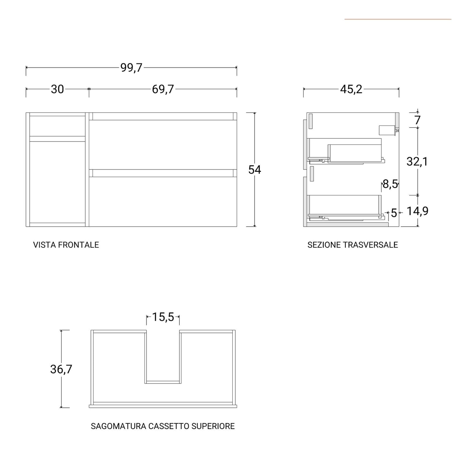 Mobile bagno sospeso 100 cm rovere africa con toletta e lavabo dx con specchio - Anami