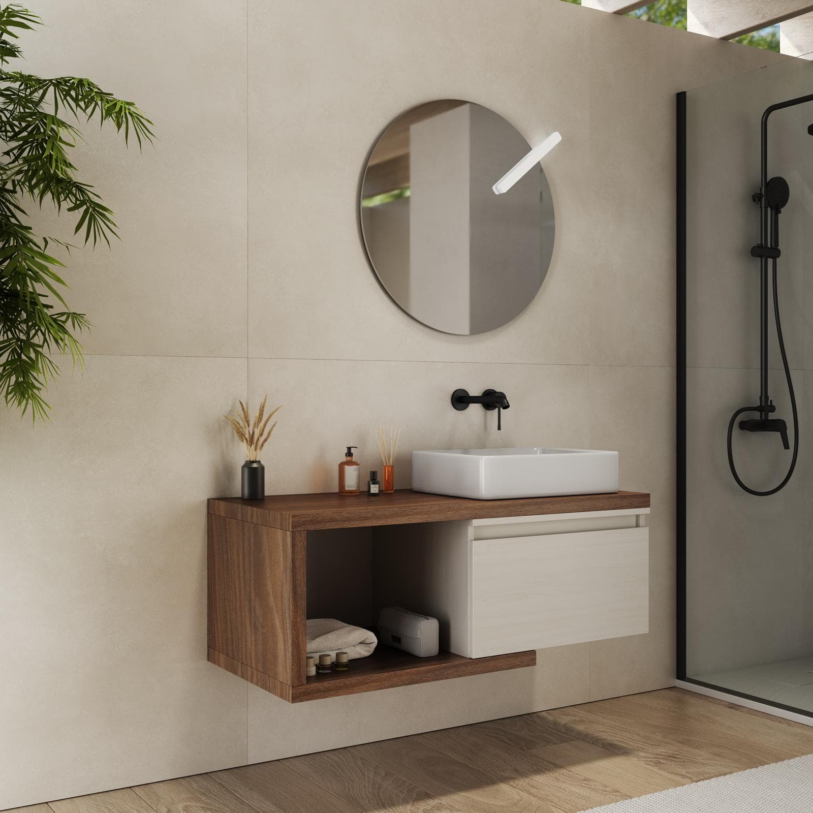 Mobile bagno sospeso 110 cm rovere deciso con cassettone rovere bianco e specchio - Balik