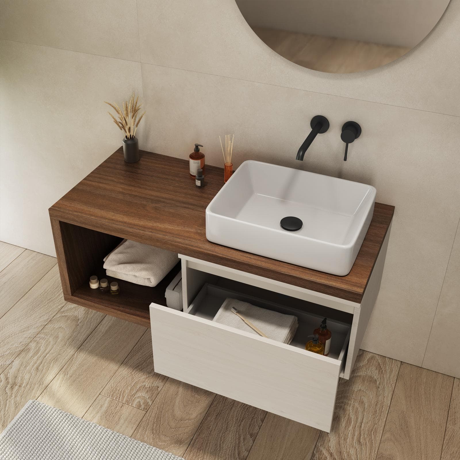 Mobile bagno sospeso 110 cm rovere deciso con cassettone rovere bianco e specchio - Balik