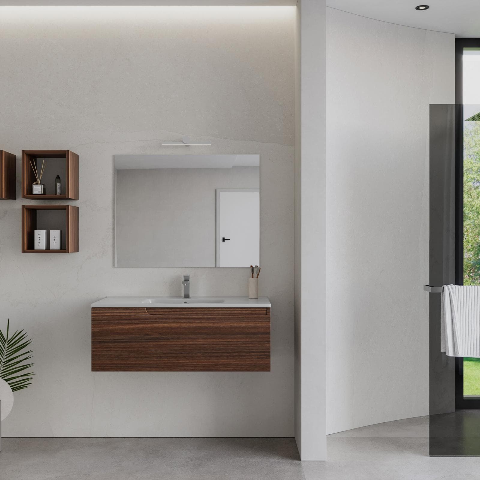 Mobile bagno sospeso 100 cm rovere deciso con lavabo e specchio - Agave