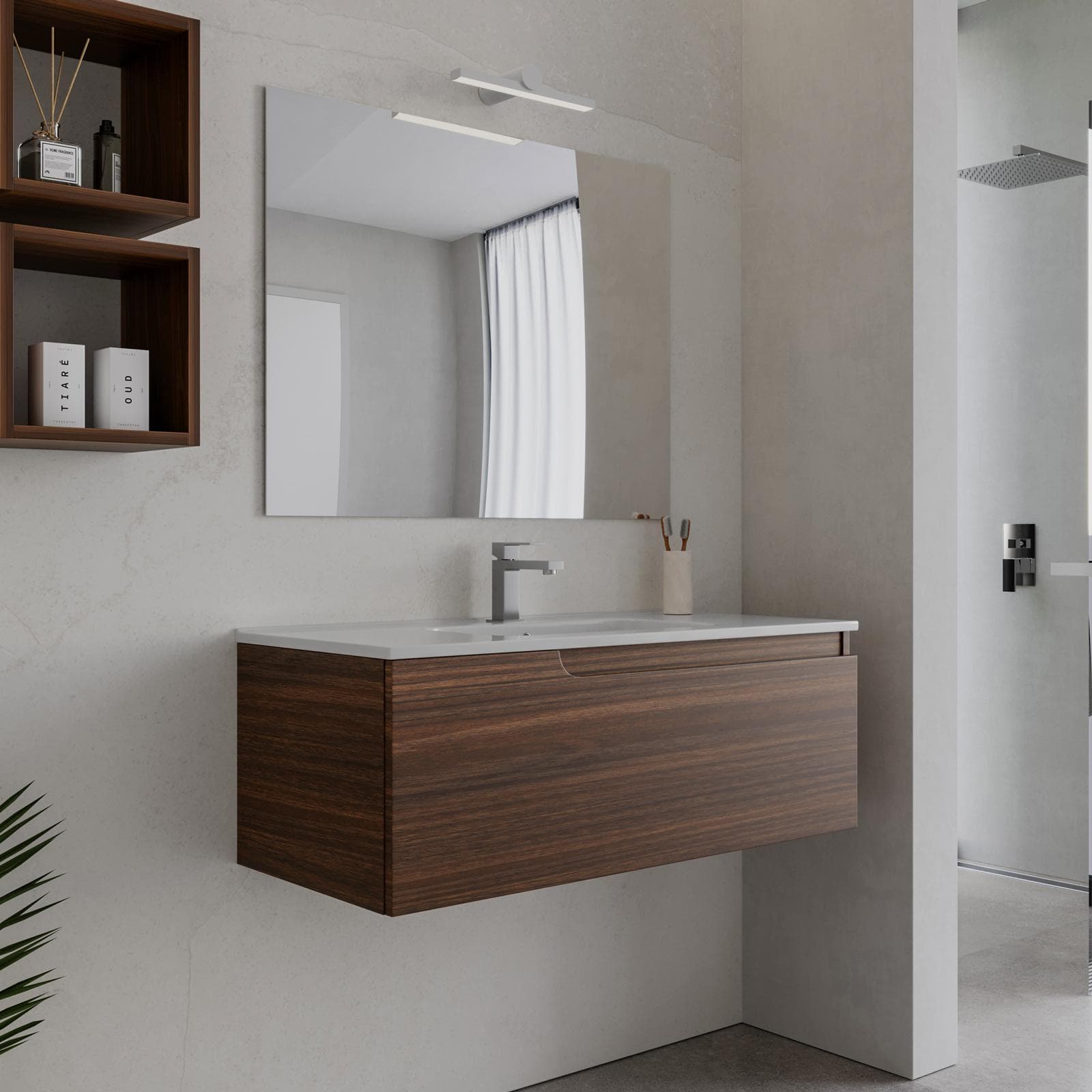 Mobile bagno sospeso 100 cm rovere deciso con lavabo e specchio - Agave