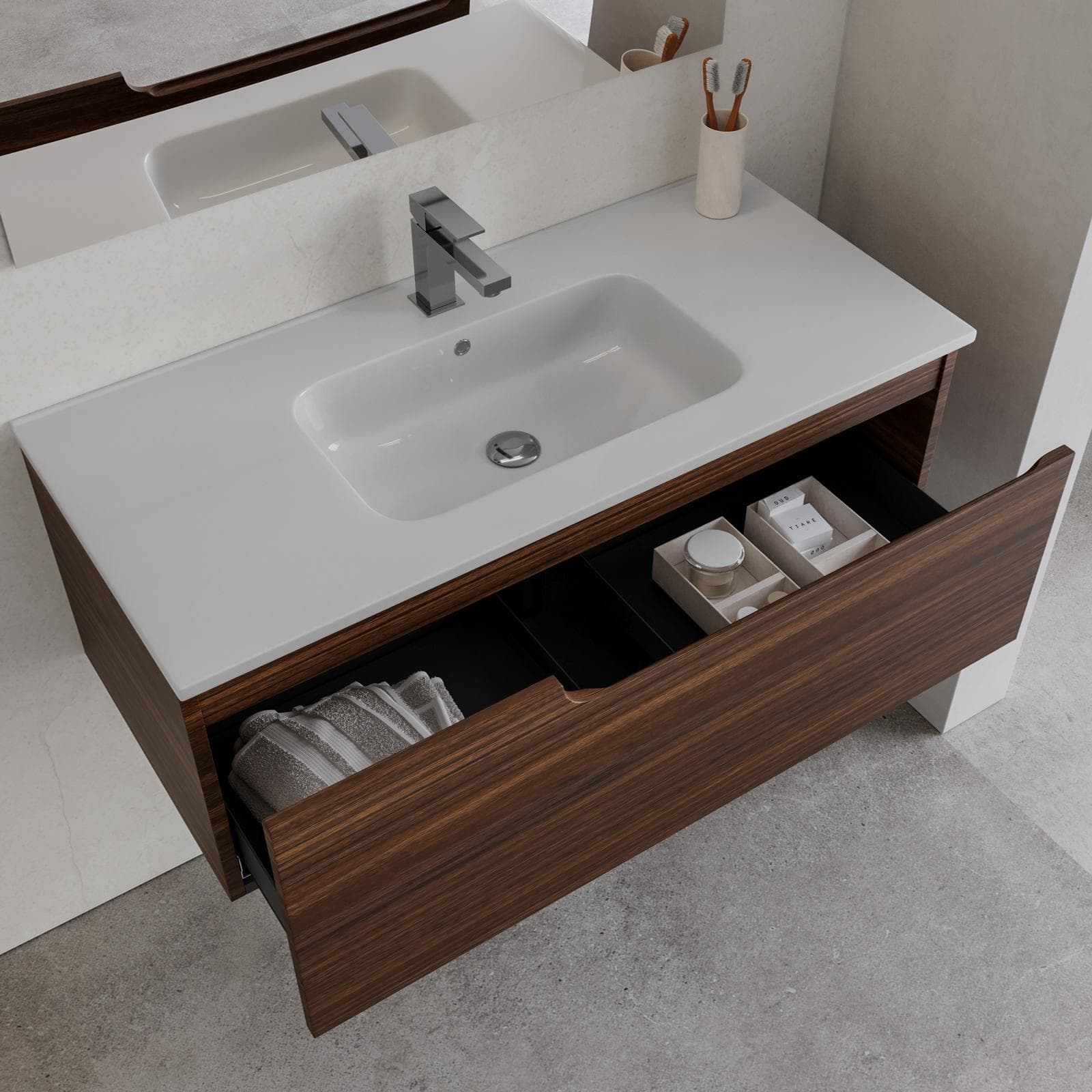 Mobile bagno sospeso 100 cm rovere deciso con lavabo e specchio - Agave