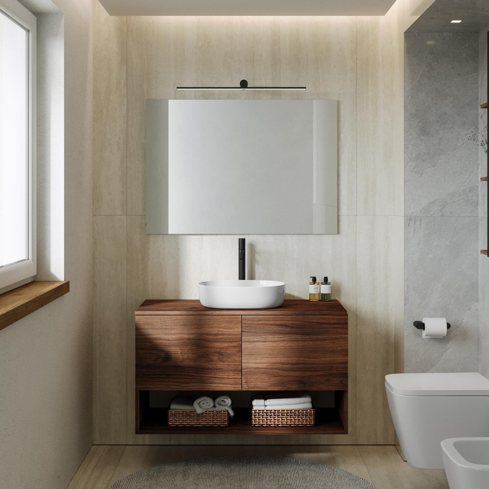 Mobile bagno sospeso 100 cm rovere deciso con top e specchio - Lion