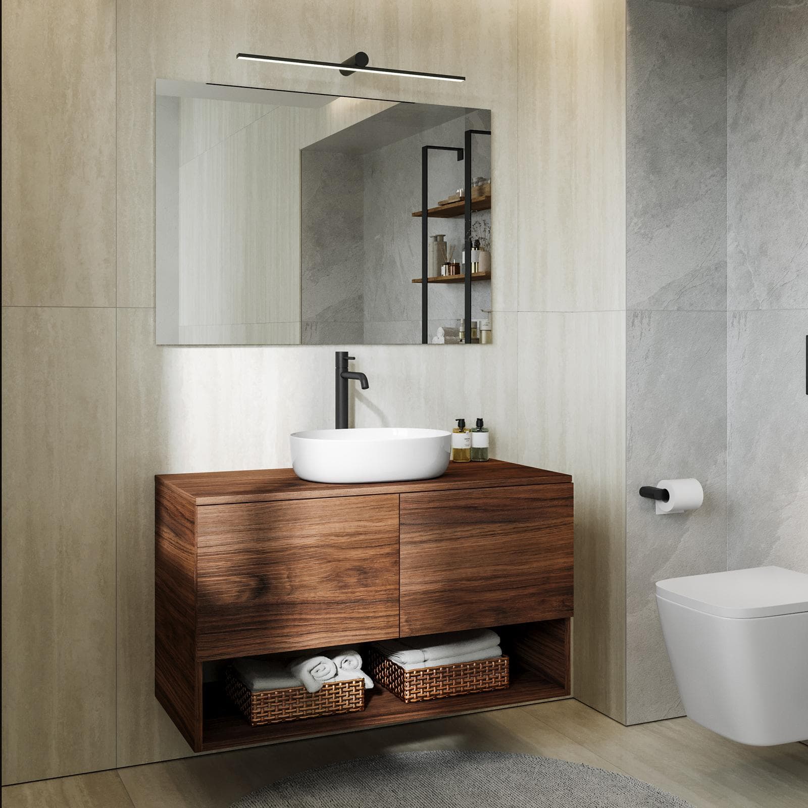 Mobile bagno sospeso 100 cm rovere deciso con top e specchio - Lion