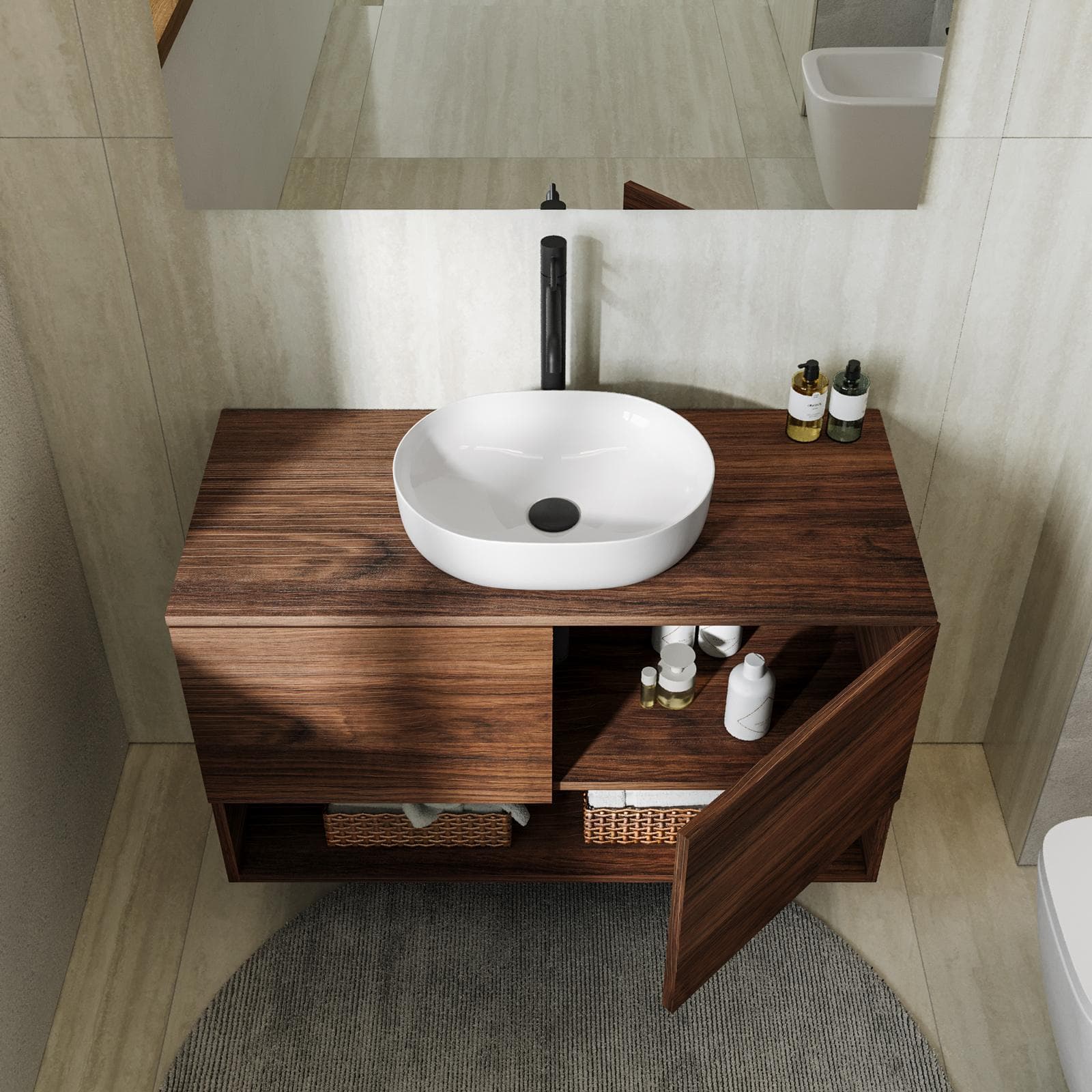 Mobile bagno sospeso 100 cm rovere deciso con top e specchio - Lion