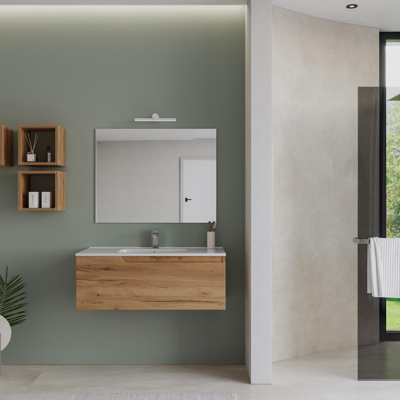 Mobile bagno sospeso 100 cm rovere gold con lavabo e specchio - Agave