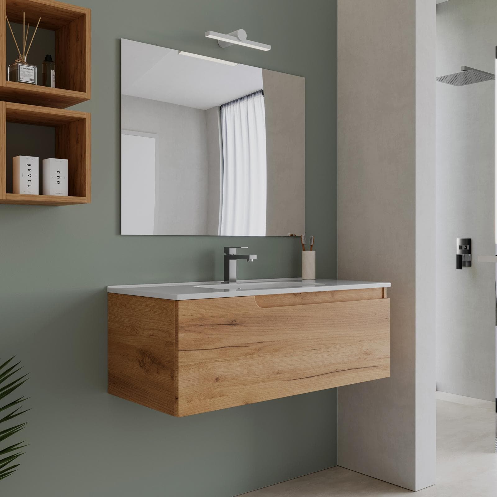 Mobile bagno sospeso 100 cm rovere gold con lavabo e specchio - Agave