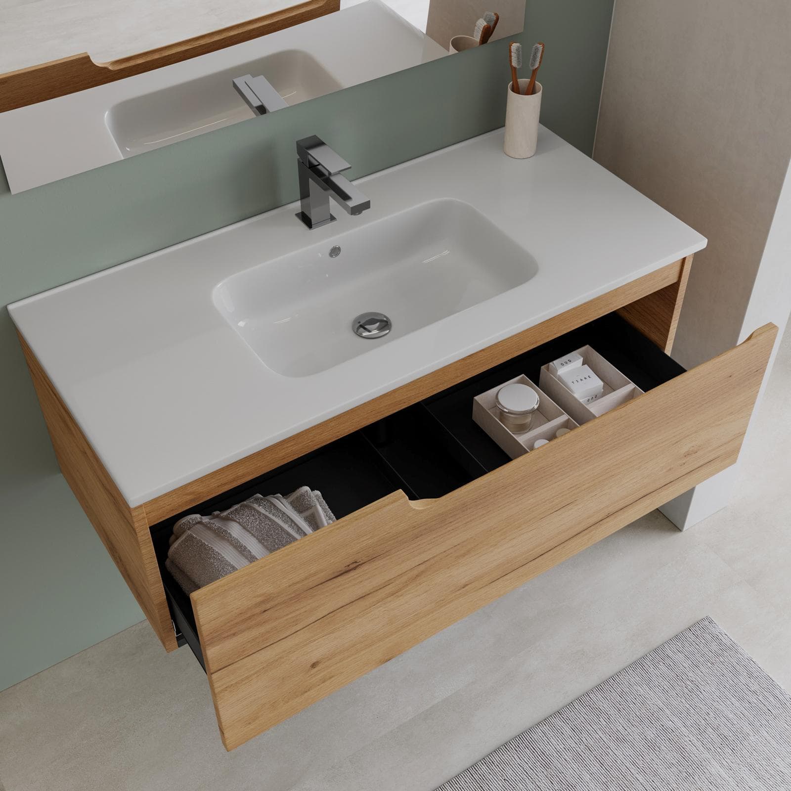 Mobile bagno sospeso 100 cm rovere gold con lavabo e specchio - Agave