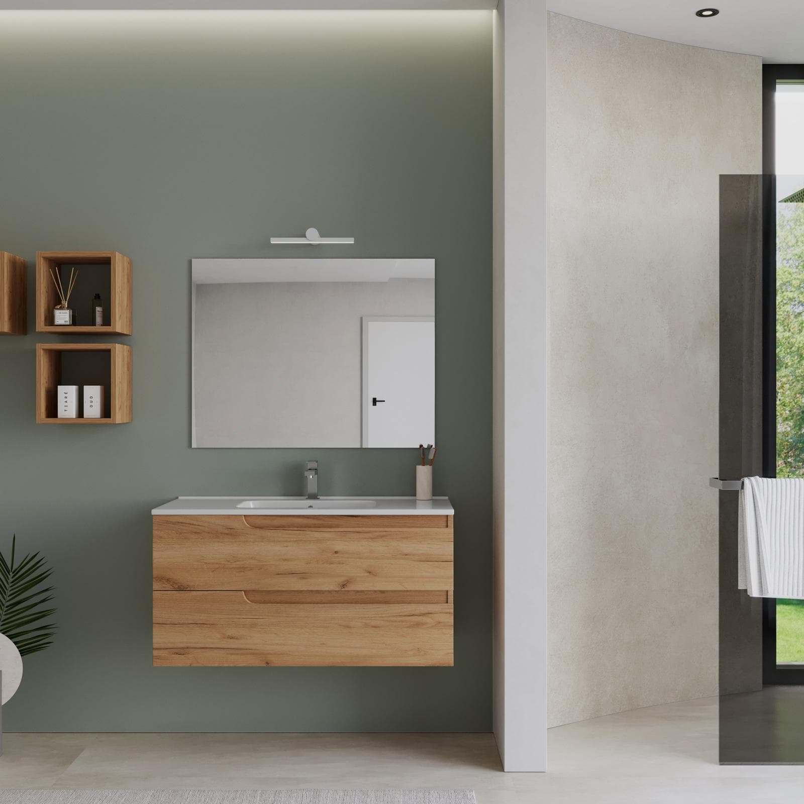 Mobile bagno sospeso 100 cm rovere gold con lavabo e specchio - Agave Plus