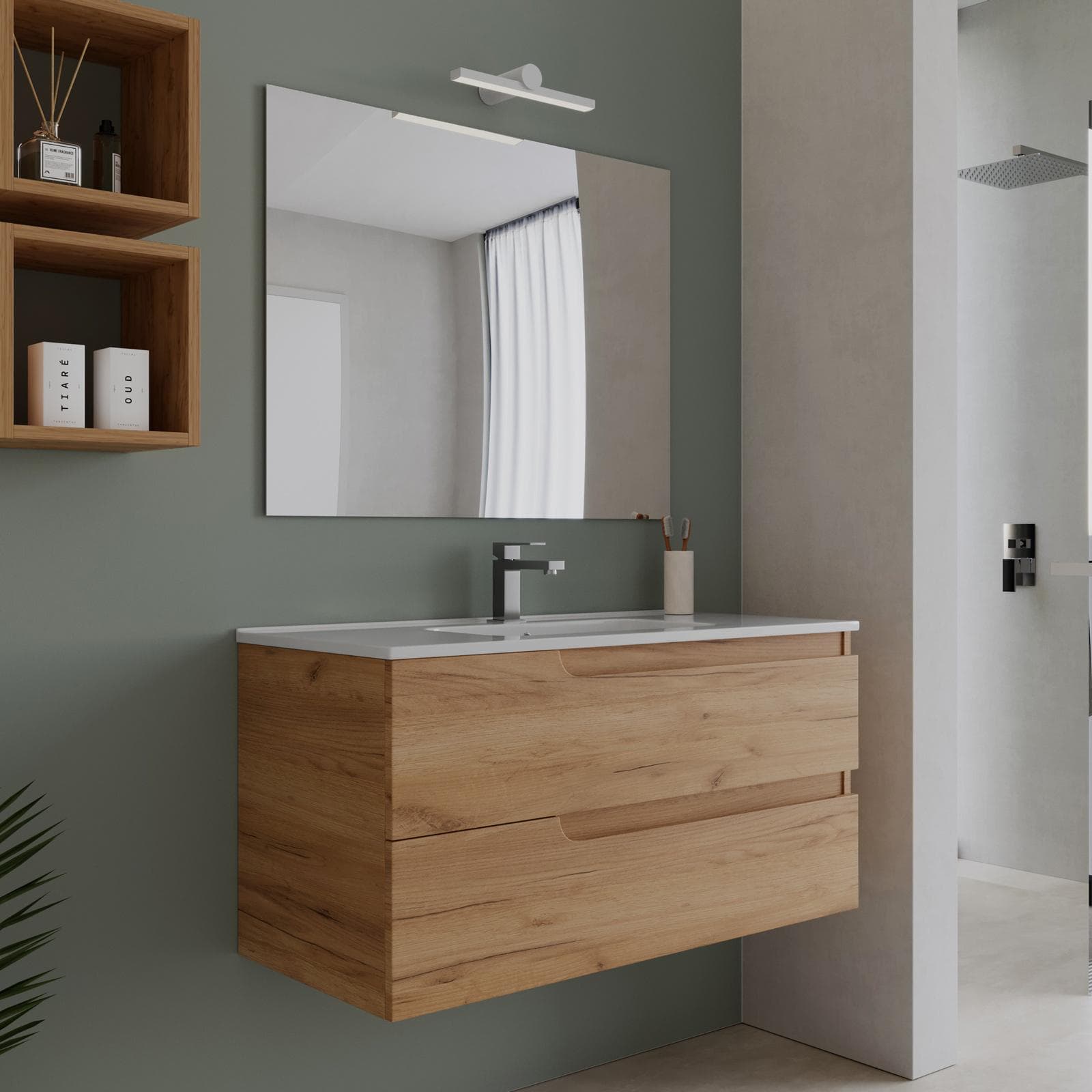 Mobile bagno sospeso 100 cm rovere gold con lavabo e specchio - Agave Plus