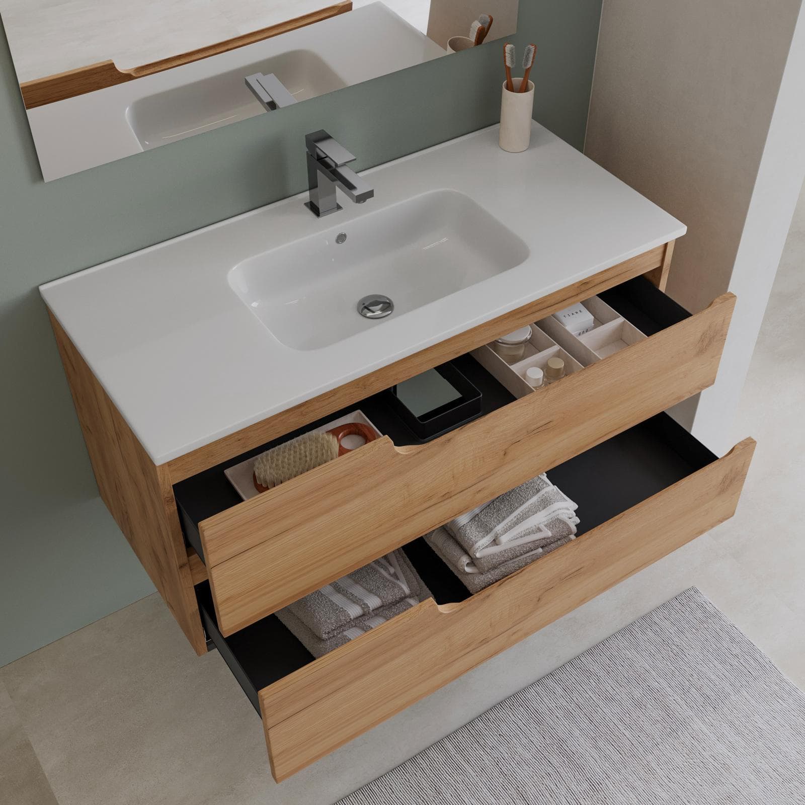 Mobile bagno sospeso 100 cm rovere gold con lavabo e specchio - Agave Plus