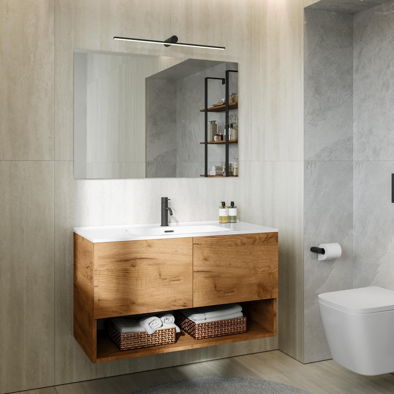 Mobile bagno sospeso 100 cm rovere gold con lavabo integrato e specchio - Lion