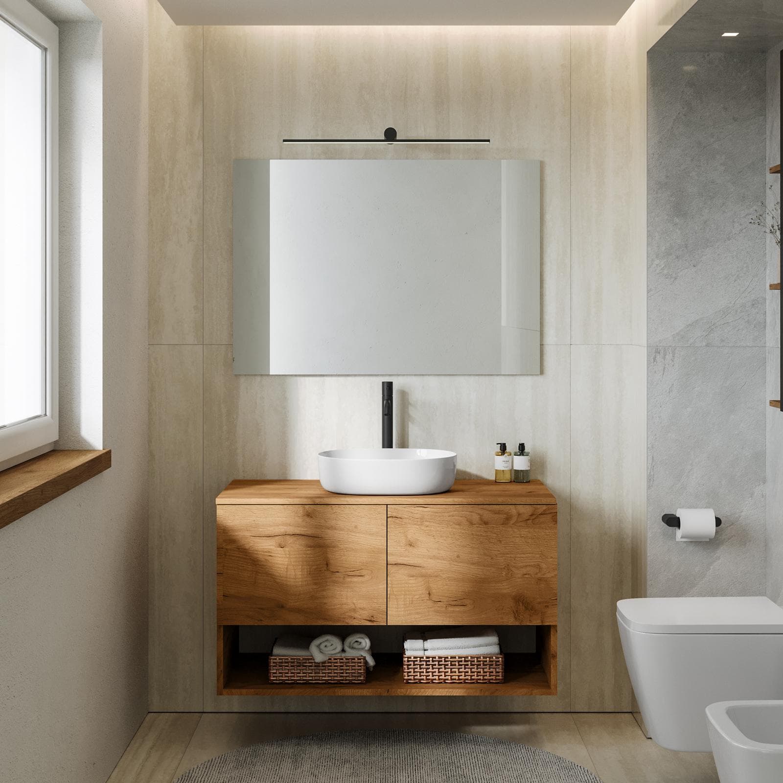 Mobile bagno sospeso 100 cm rovere gold con top e specchio - Lion