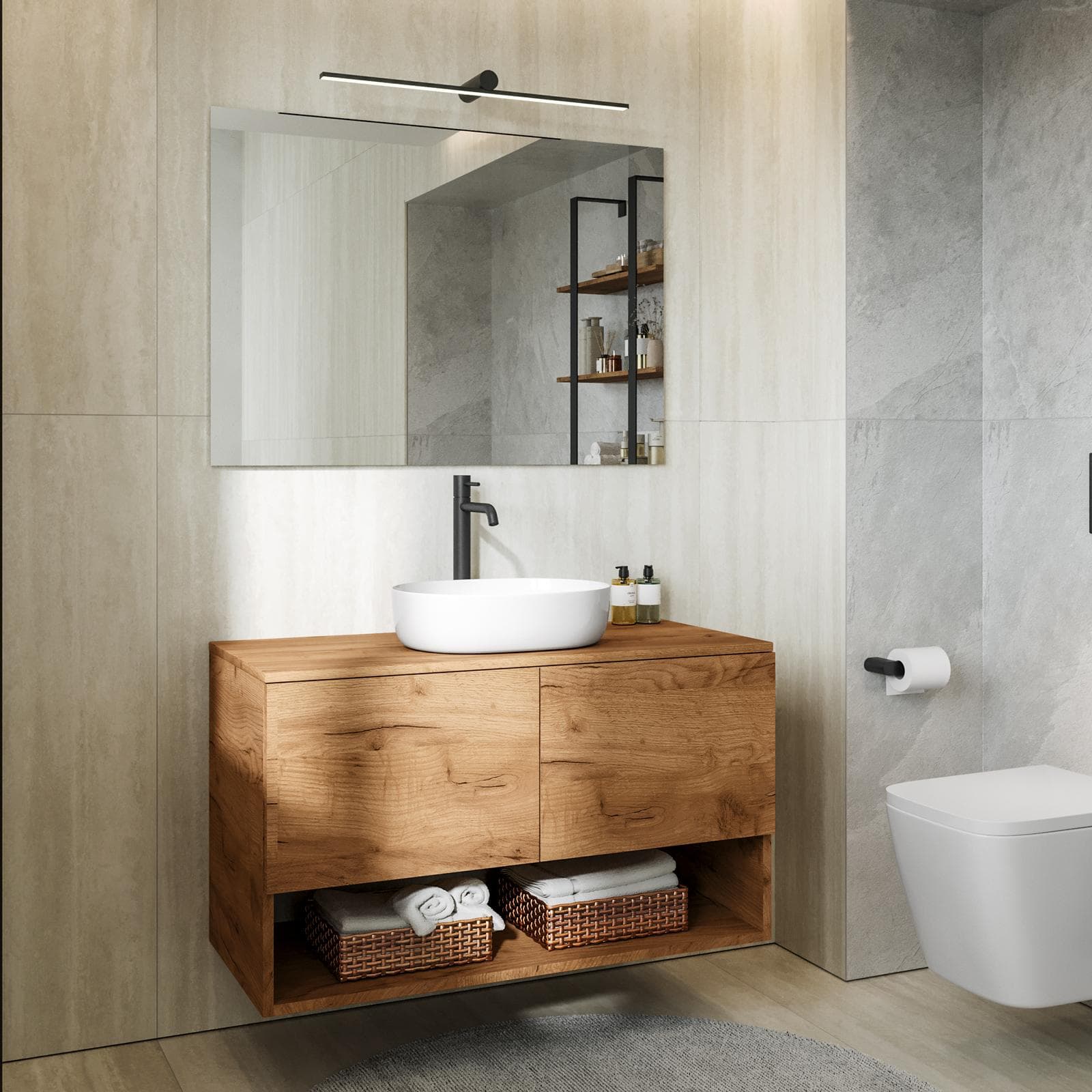 Mobile bagno sospeso 100 cm rovere gold con top e specchio - Lion