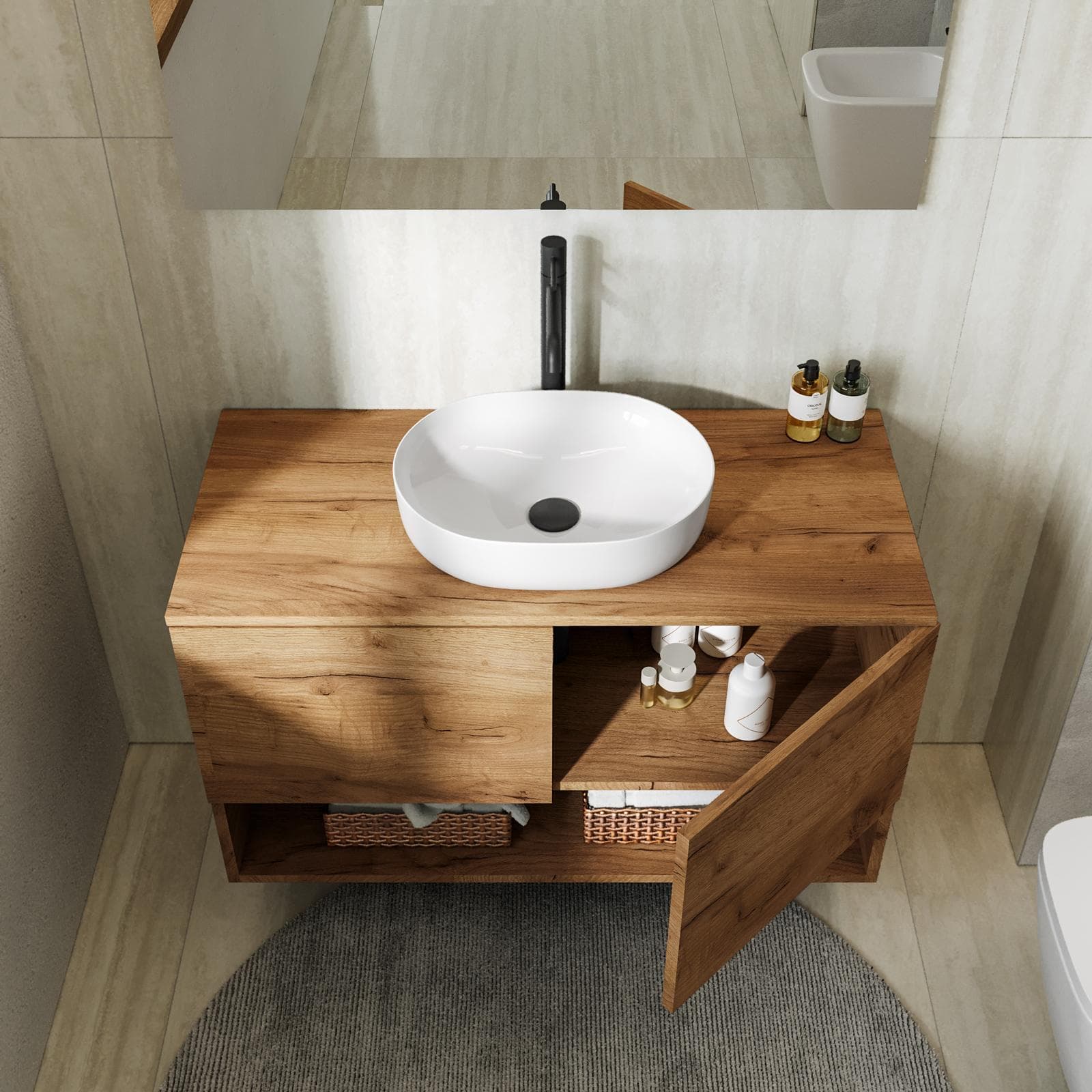 Mobile bagno sospeso 100 cm rovere gold con top e specchio - Lion