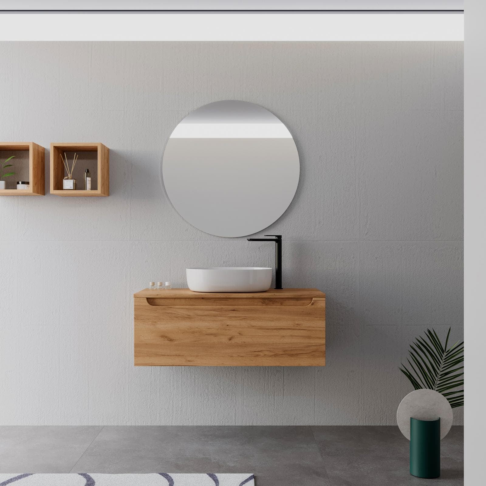 Mobile bagno sospeso 100 cm rovere gold con top e specchio - Sleek