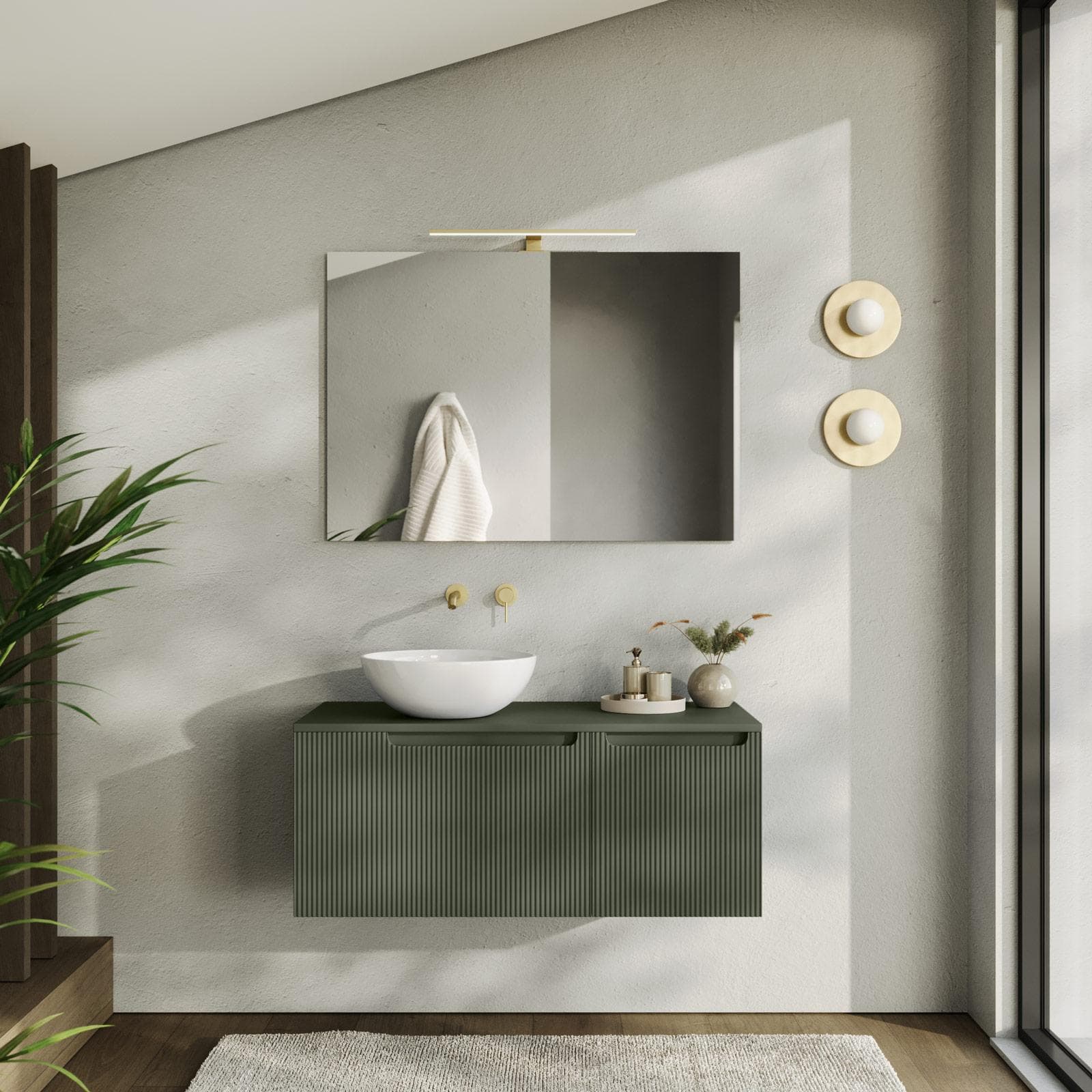 Mobile bagno sospeso 100 cm verde cemento cannettato con top e specchio - Konai