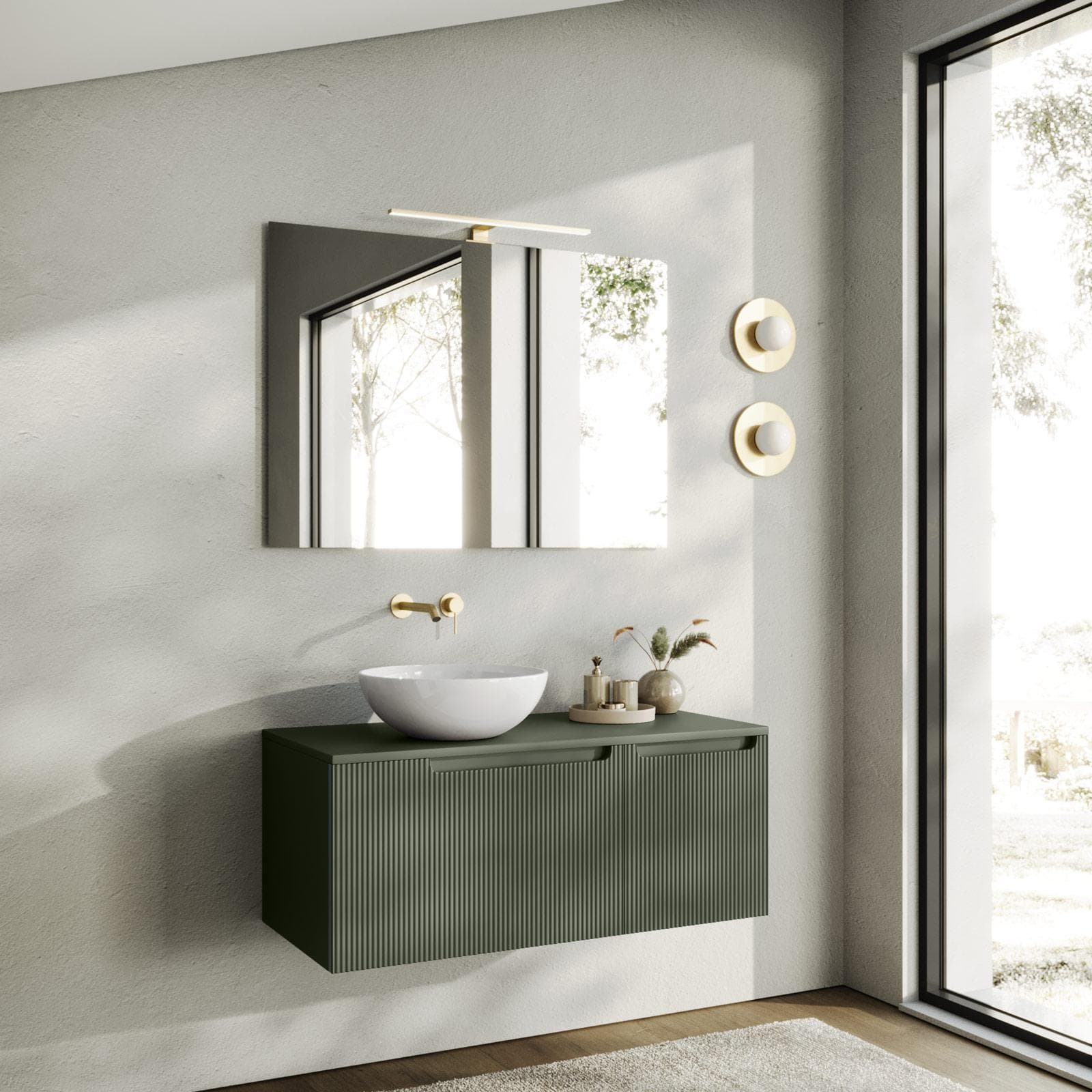 Mobile bagno sospeso 100 cm verde cemento cannettato con top e specchio - Konai