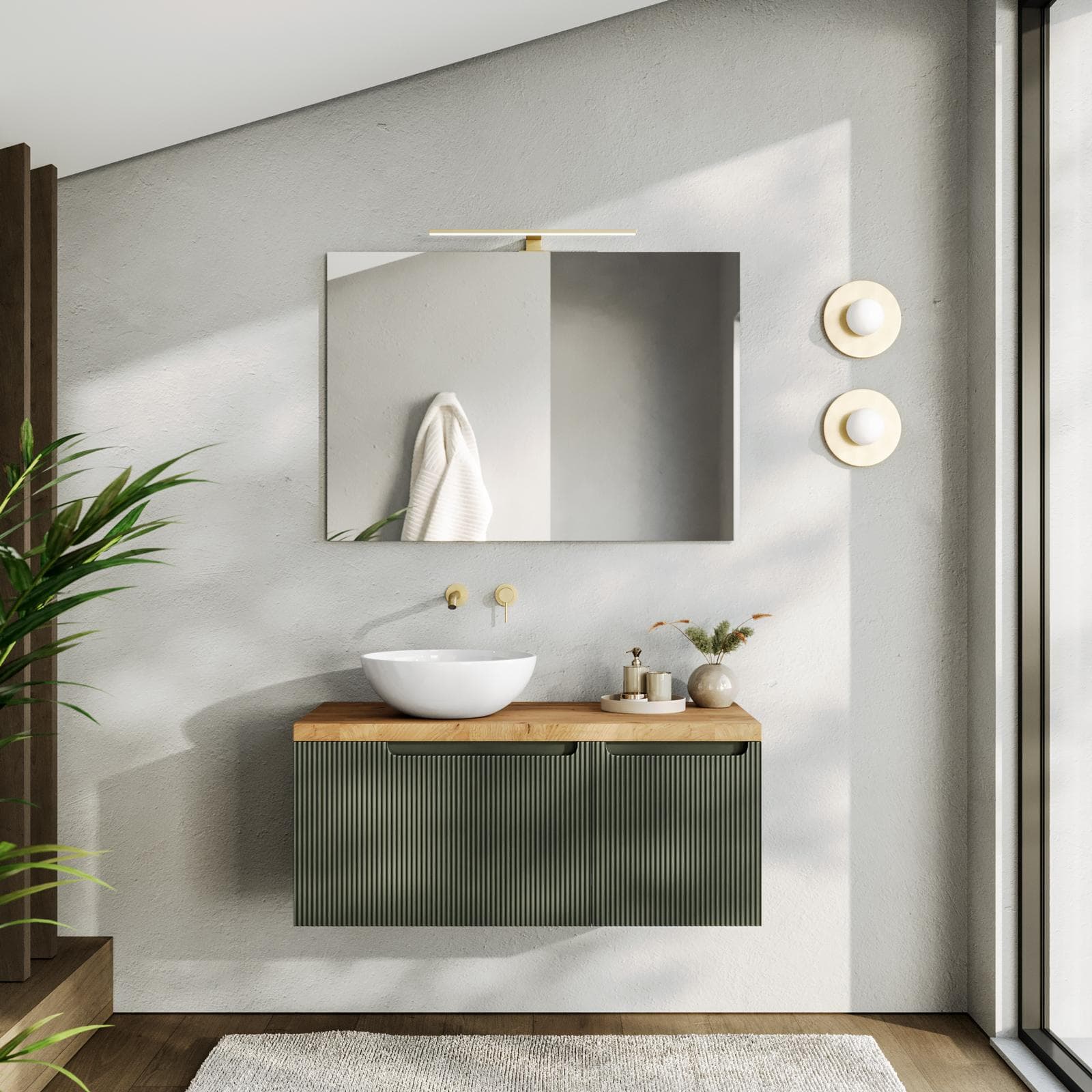Mobile bagno sospeso 100 cm verde cemento cannettato con top rovere gold e specchio - Konai