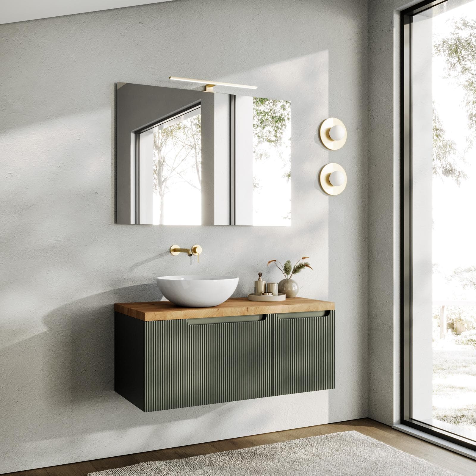 Mobile bagno sospeso 100 cm verde cemento cannettato con top rovere gold e specchio - Konai