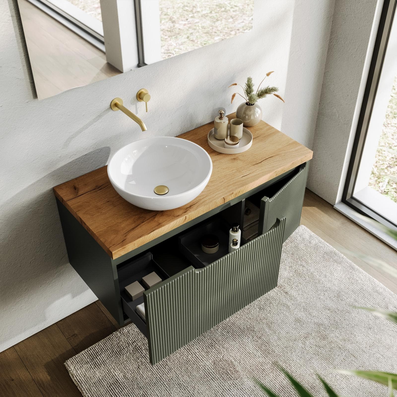 Mobile bagno sospeso 100 cm verde cemento cannettato con top rovere gold e specchio - Konai