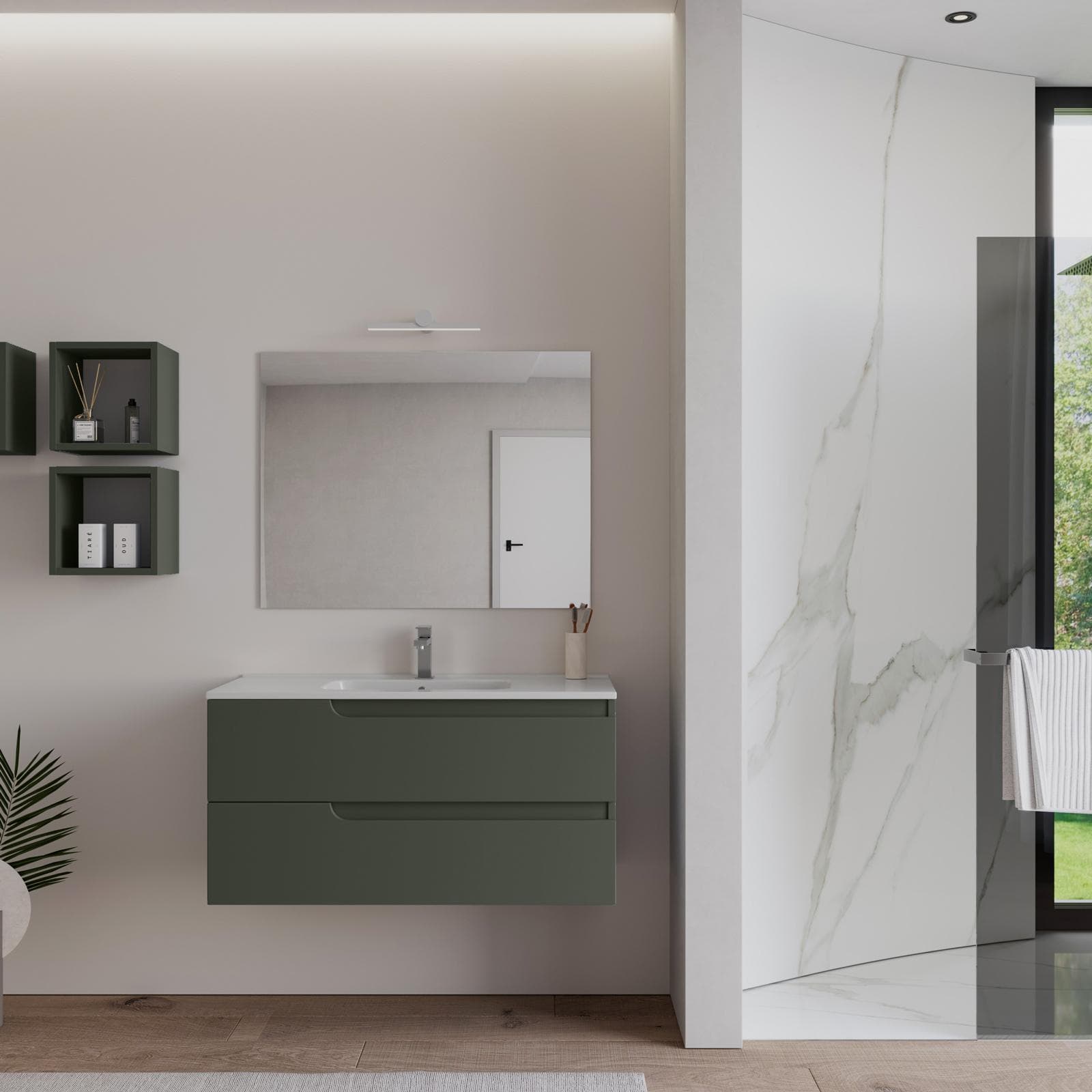 Mobile bagno sospeso 100 cm verde cemento con lavabo e specchio - Agave Plus