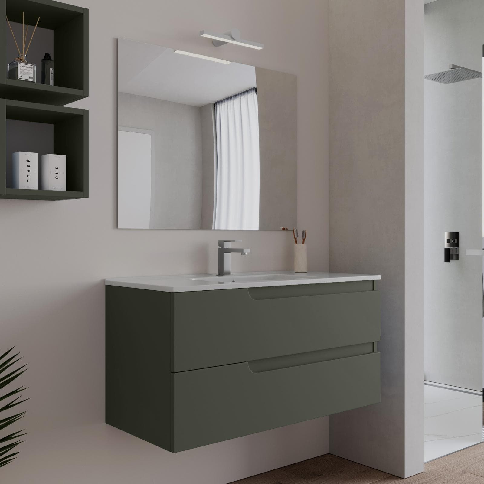 Mobile bagno sospeso 100 cm verde cemento con lavabo e specchio - Agave Plus