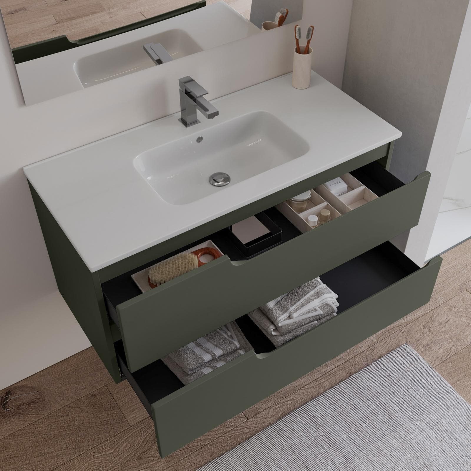 Mobile bagno sospeso 100 cm verde cemento con lavabo e specchio - Agave Plus