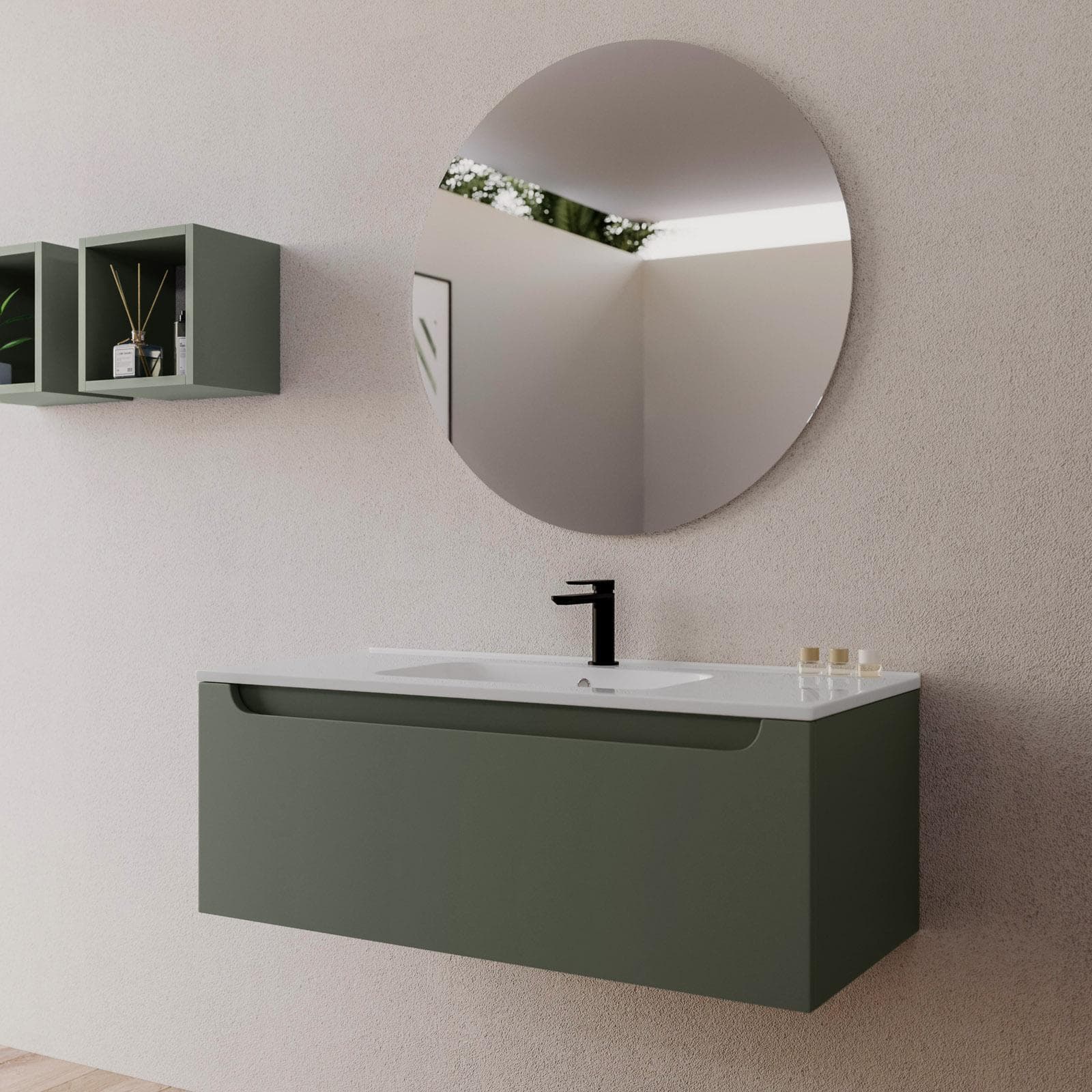 Mobile bagno sospeso 100 cm verde cemento con lavabo integrato e specchio - Sleek