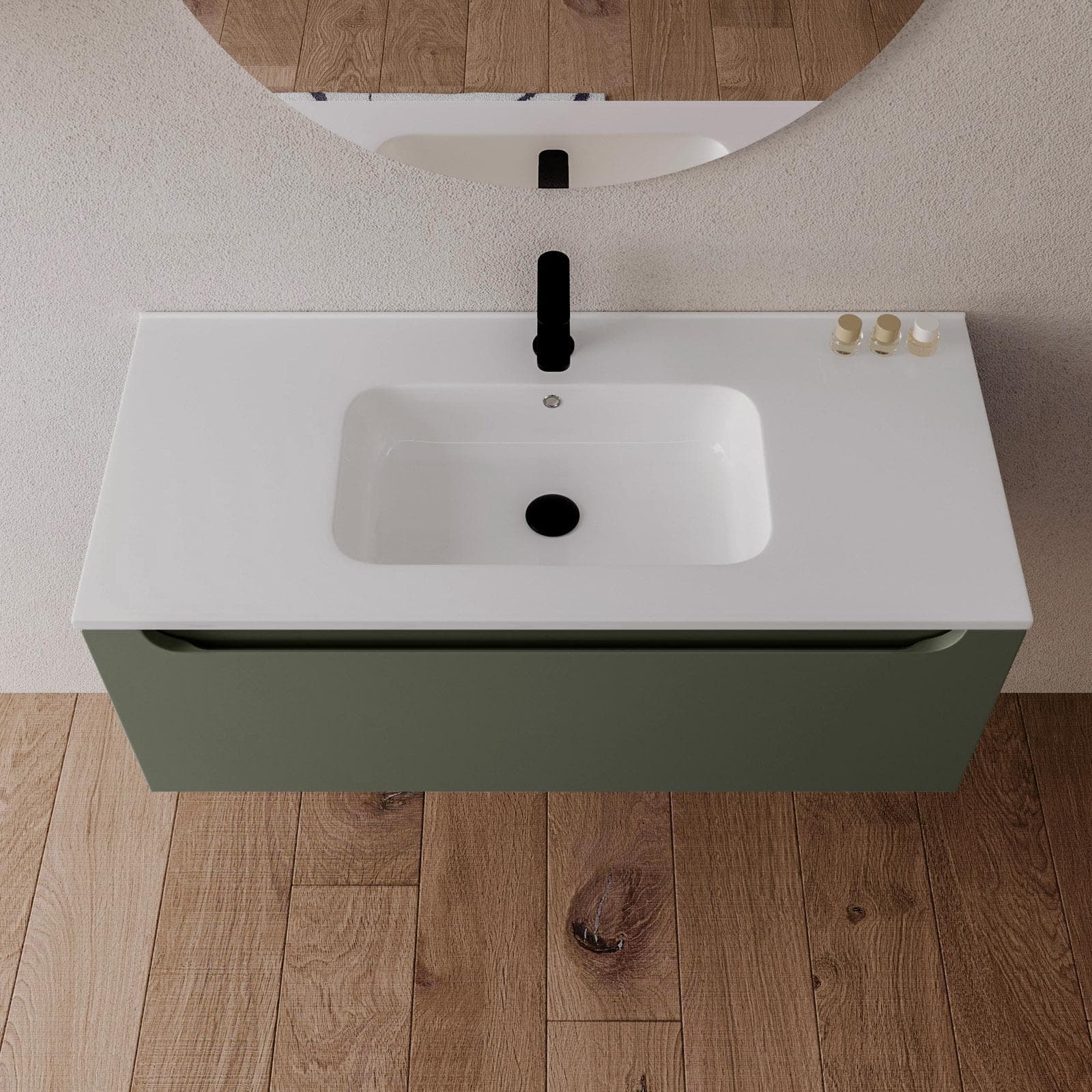 Mobile bagno sospeso 100 cm verde cemento con lavabo integrato e specchio - Sleek