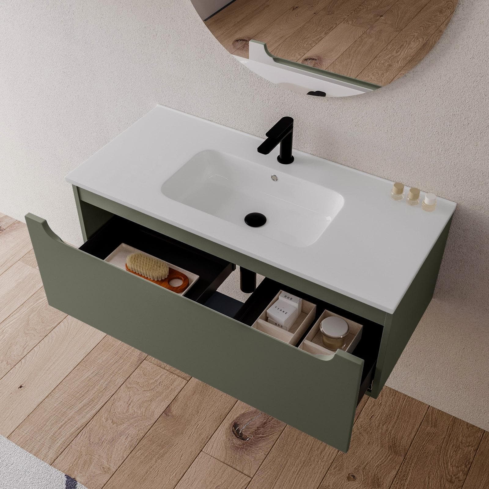 Mobile bagno sospeso 100 cm verde cemento con lavabo integrato e specchio - Sleek