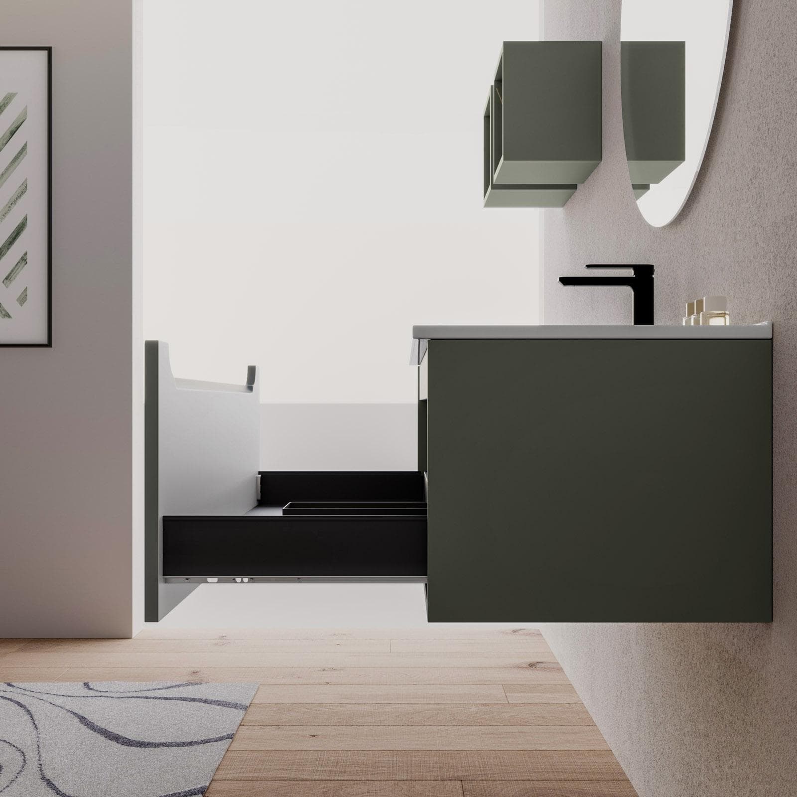 Mobile bagno sospeso 100 cm verde cemento con lavabo integrato e specchio - Sleek