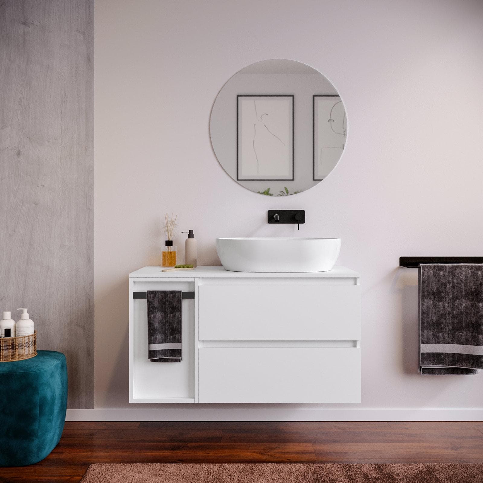 Mobile bagno sospeso 100 cm white satinato con top e toletta reversibile con specchio - Anami