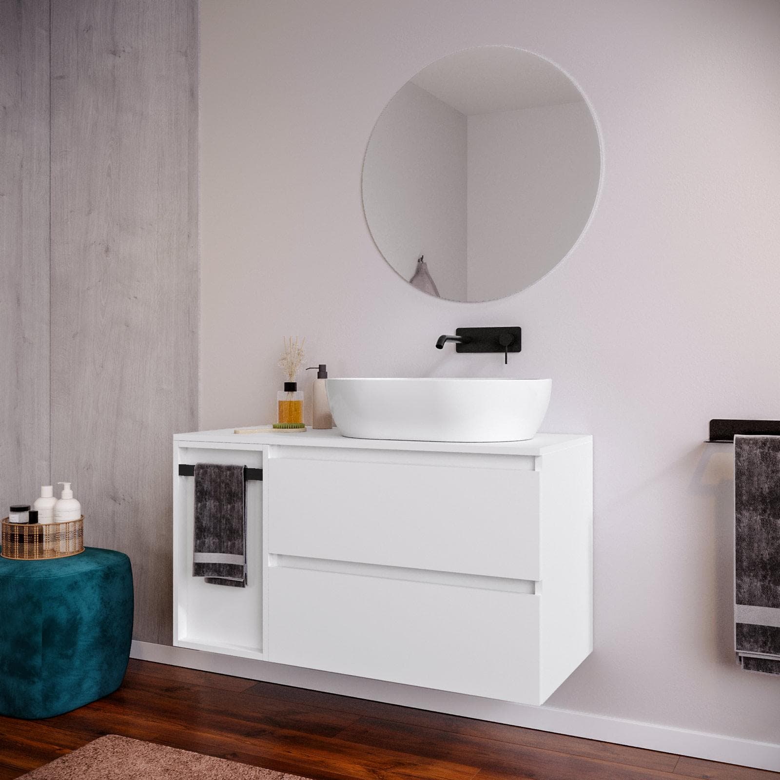 Mobile bagno sospeso 100 cm white satinato con top e toletta reversibile con specchio - Anami