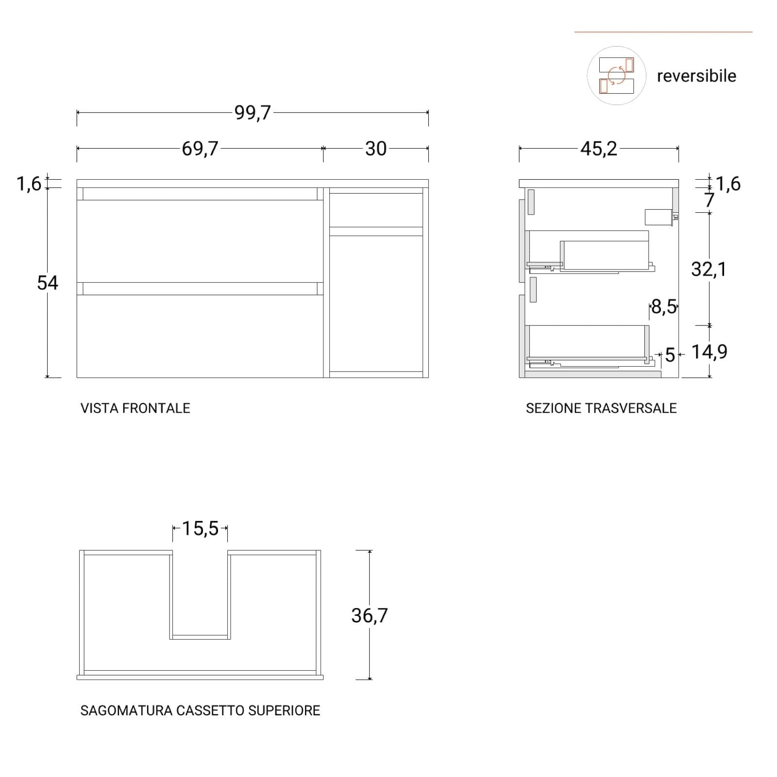 Mobile bagno sospeso 100 cm white satinato con top e toletta reversibile con specchio - Anami