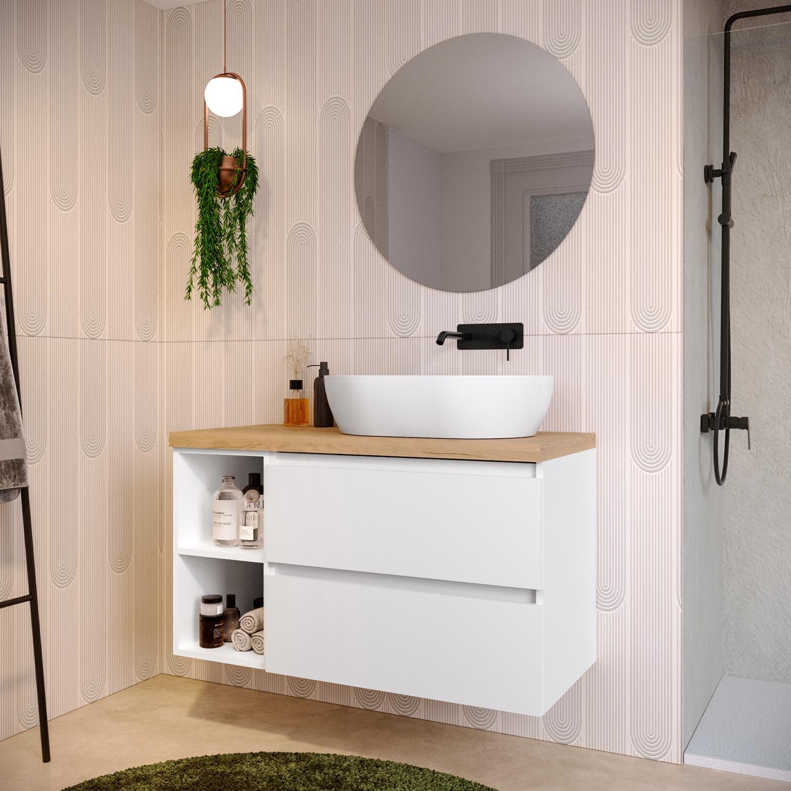 Mobile bagno sospeso 100 cm white satinato con vano a giorno reversibile e top rovere gold con specchio - Anami
