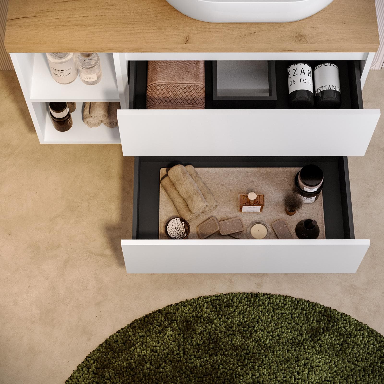 Mobile bagno sospeso 100 cm white satinato con vano a giorno reversibile e top rovere gold con specchio - Anami