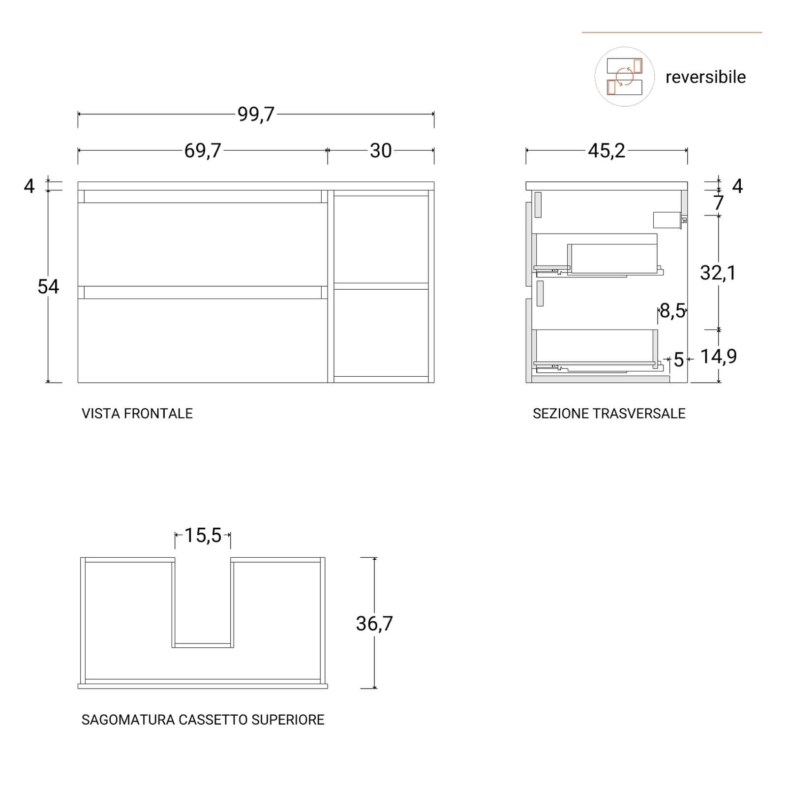 Mobile bagno sospeso 100 cm white satinato con vano a giorno reversibile e top rovere gold con specchio - Anami